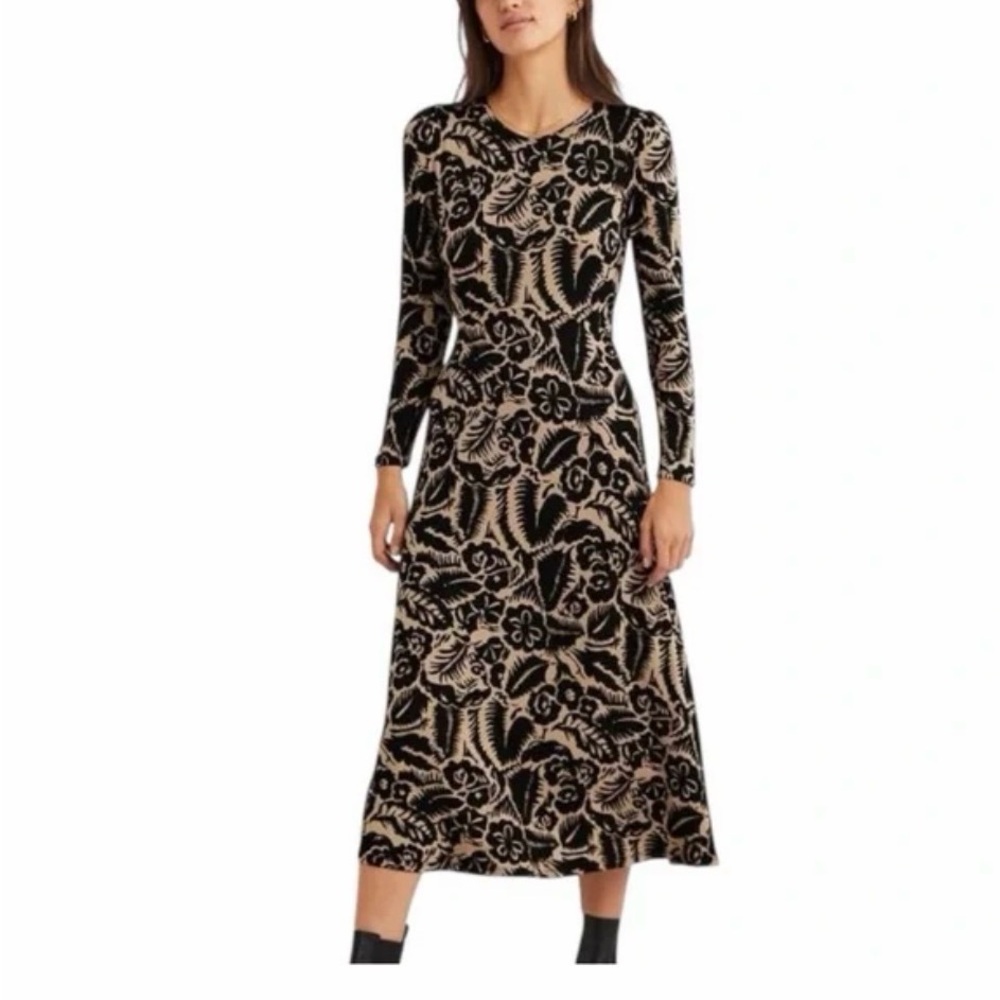 Boden Black and Beige Floral-Print Long Sleeve Midi Dress